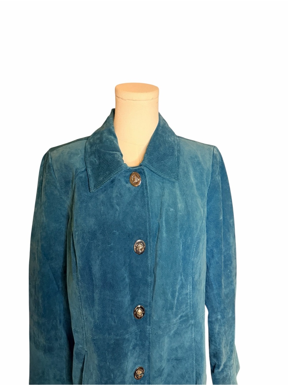 Dennis by Dennis Basso Teal Suede Leather Jacket Y2K Statement Coat M - Picture 3 of 13